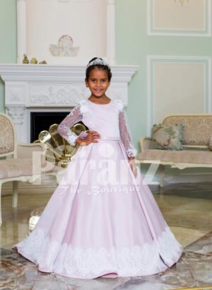 Rich satin full sleeve and white lace work floor length soft baby gown in light mauve
