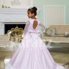 Rich satin full sleeve and white lace work floor length soft baby gown in light mauve back side view
