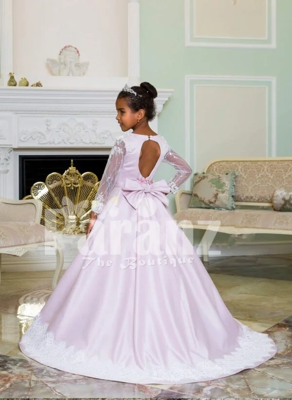 Rich satin full sleeve and white lace work floor length soft baby gown in light mauve back side view