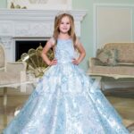 Rich satin shiny floor length baby gown with all over same hue floral appliqués in blue