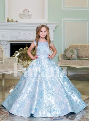Rich satin shiny floor length baby gown with all over same hue floral appliqués in blue