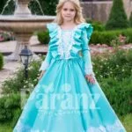 Rich satin sky blue baby gown with full sleeve and floor length tulle skirt underneath