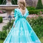 Rich satin sky blue baby gown with full sleeve and floor length tulle skirt underneath back side view