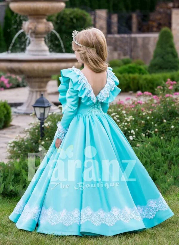 Rich satin sky blue baby gown with full sleeve and floor length tulle skirt underneath back side view