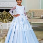 Rich satin super shiny flared pleated tulle underneath skirt baby gown in metallic sky blue