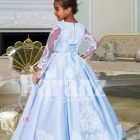 Rich satin super shiny flared pleated tulle underneath skirt baby gown in metallic sky blue back side view