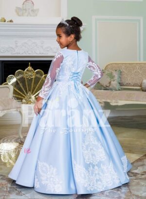 Rich satin super shiny flared pleated tulle underneath skirt baby gown in metallic sky blue back side view