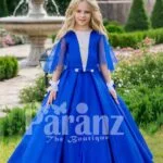 Royal blue-silver bodice sheer frilly sleeve floor length party gown with flared tulle skirt