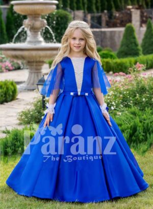Royal blue-silver bodice sheer frilly sleeve floor length party gown with flared tulle skirt