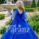 Royal blue-silver bodice sheer frilly sleeve floor length party gown with flared tulle skirt back side view