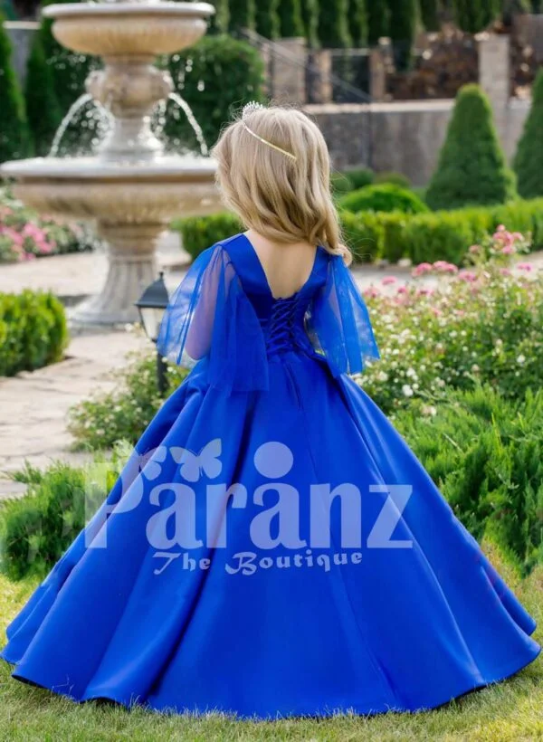 Royal blue-silver bodice sheer frilly sleeve floor length party gown with flared tulle skirt back side view