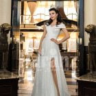 Side slit floor length off-shoulder white glitz wedding gown for women
