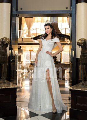 Side slit floor length off-shoulder white glitz wedding gown for women