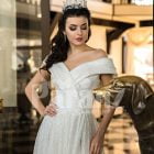 Side slit floor length off-shoulder white glitz wedding gown women