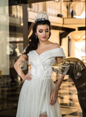 Side slit floor length off-shoulder white glitz wedding gown women