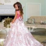 Silver work pink bodice elegant baby gown with flared & high volume tulle underneath skirt side view