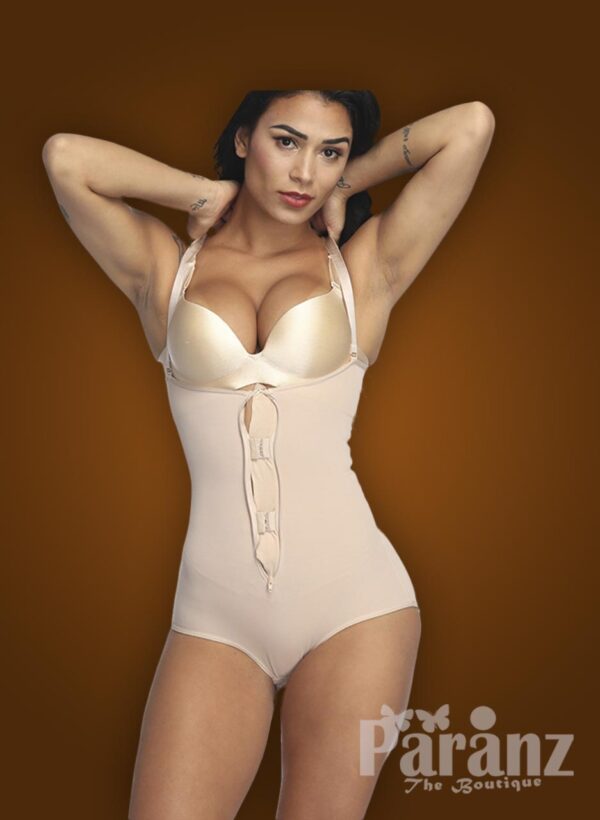 Sleek open-bust style strappy sleeve underwear body shaper with hook-zipper closures new For women