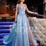 Sleeveless elegant blue evening gown with side slit tulle skirt & floral appliquéd royal bodice