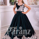 Sleeveless floor length tulle skirt velvet dress with major white lace work for girls