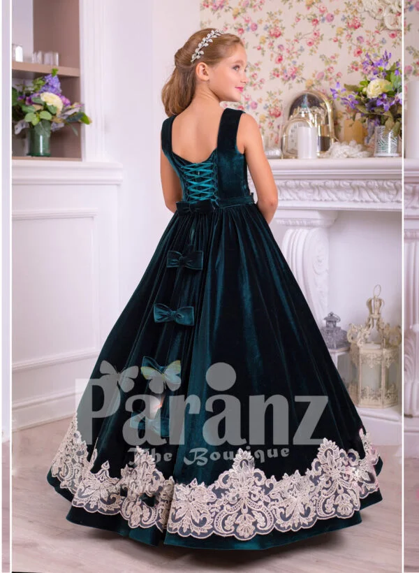 Sleeveless floor length tulle skirt velvet dress with major white lace work side view