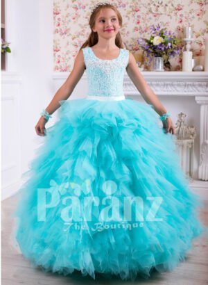 Soft and elegant floor length cloud tulle skirt gown with lacework rich bodice for girls