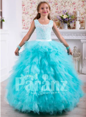 Soft and elegant floor length cloud tulle skirt gown with lacework rich bodice for girls