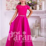 Soft and lightweight rich satin skirt and delicate lacework bodice party gown in fuchsia pink