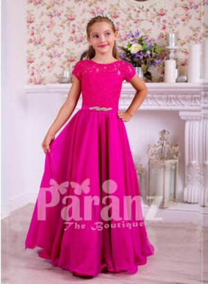 Soft and lightweight rich satin skirt and delicate lacework bodice party gown in fuchsia pink