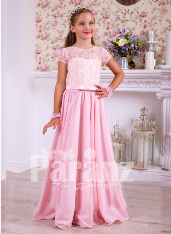 Soft and sleek rich satin pink floor length dress with lace-sheer-satin bodice