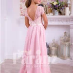 Soft and sleek rich satin pink floor length dress with lace-sheer-satin bodice back side view