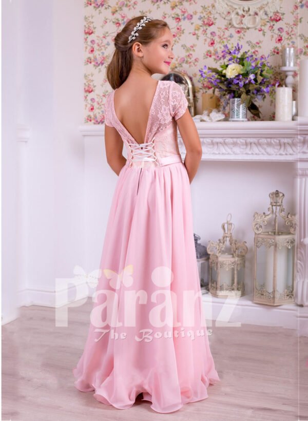 Soft and sleek rich satin pink floor length dress with lace-sheer-satin bodice back side view
