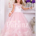 Soft creamy pink flared and high volume tulle skirt dress with pink floral work white bodice