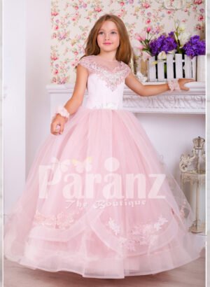 Soft creamy pink flared and high volume tulle skirt dress with pink floral work white bodice