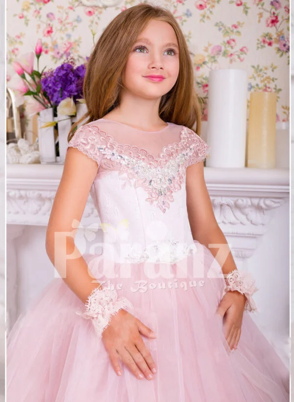 Soft creamy pink flared and high volume tulle skirt dress with pink floral work white bodice for girls