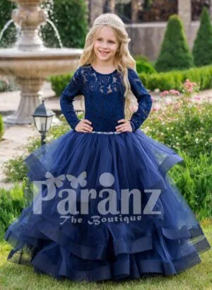 Soft navy floor length baby party gown with multi-layer elegant tulle skirt