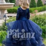 Soft navy floor length baby party gown with multi-layer elegant tulle skirt back side view