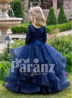 Soft navy floor length baby party gown with multi-layer elegant tulle skirt back side view