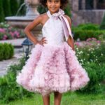 Soft petal pink tea length cloud skirt baby party dress with rich satin off-shoulder bodice