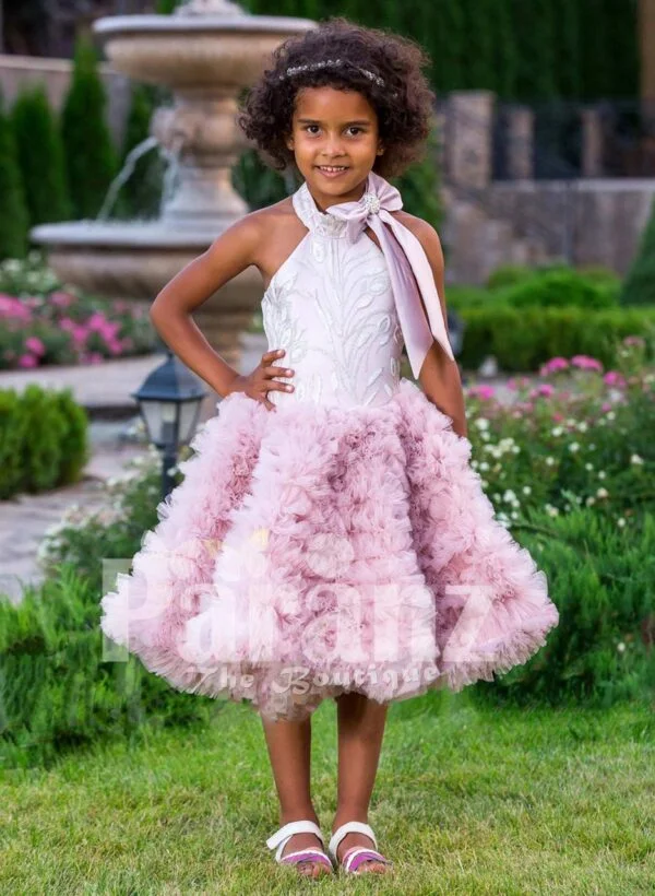 Soft petal pink tea length cloud skirt baby party dress with rich satin off-shoulder bodice