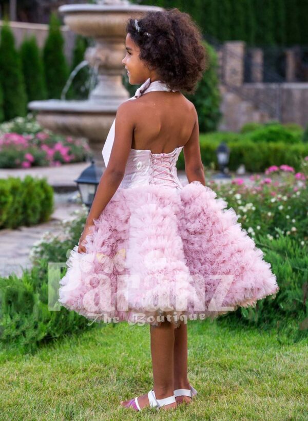 Soft petal pink tea length cloud skirt baby party dress with rich satin off-shoulder bodice side view