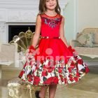 Soft red tea length rich satin party dress for girls with tulle skirt