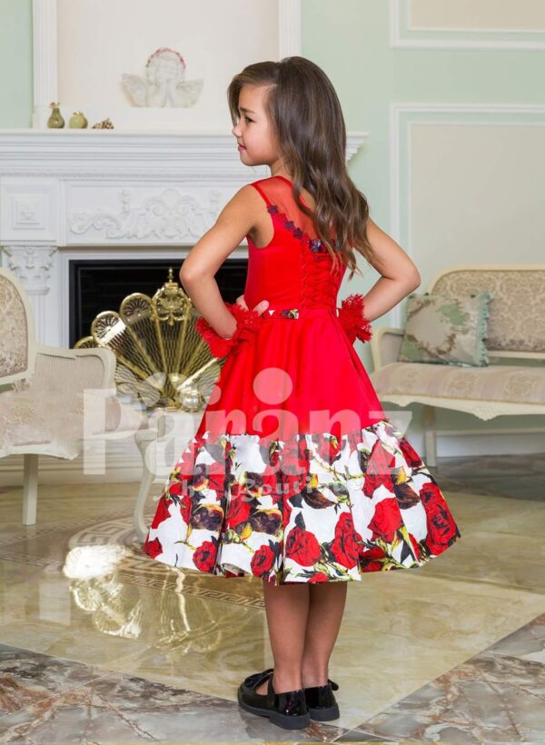 Soft red tea length rich satin party dress for girls with tulle skirt back side view