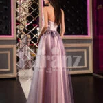 Super stylish and elegant off-shoulder evening party gown with side slit tulle skirt Back side view