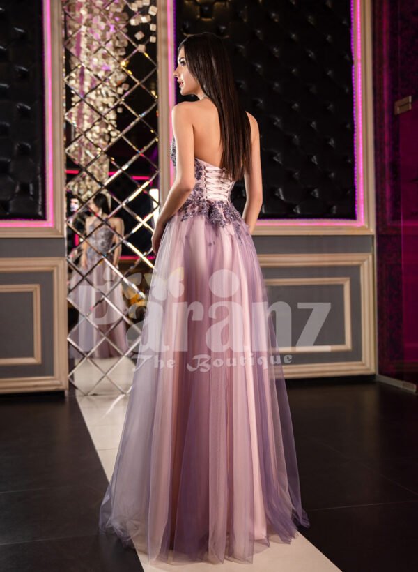 Super stylish and elegant off-shoulder evening party gown with side slit tulle skirt Back side view