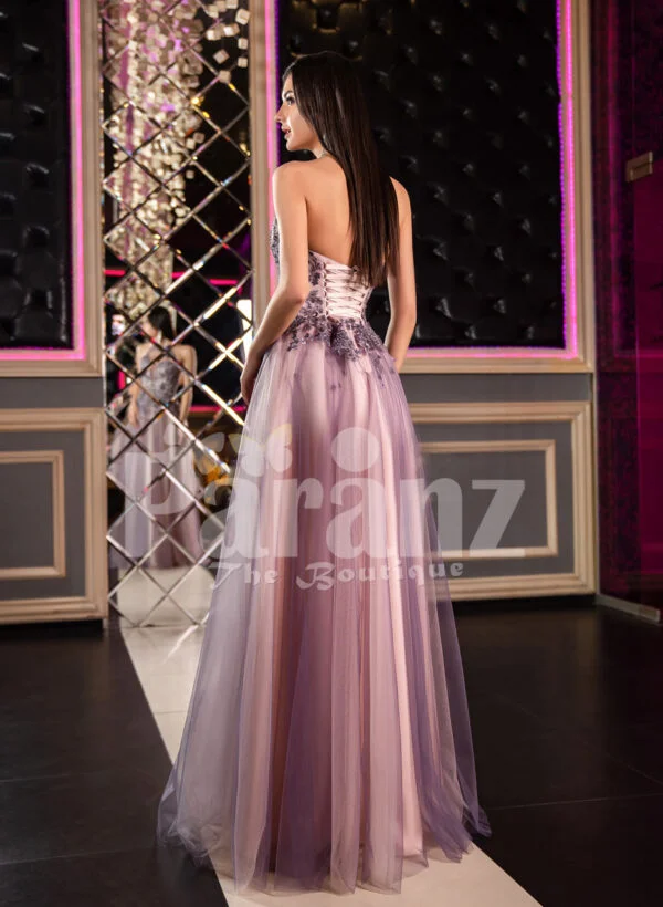 Super stylish and elegant off-shoulder evening party gown with side slit tulle skirt Back side view