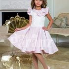 Tea length rich satin party dress for girls with white lace work bodice and frilly sleeves