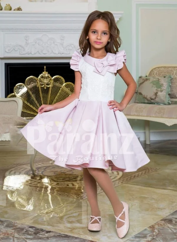 Tea length rich satin party dress for girls with white lace work bodice and frilly sleeves