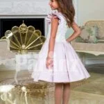 Tea length rich satin party dress for girls with white lace work bodice and frilly sleeves side view