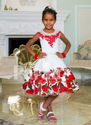 Tea length rich white satin party dress with red rosette print for girls