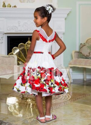 Tea length rich white satin party dress with red rosette print for girls back side view